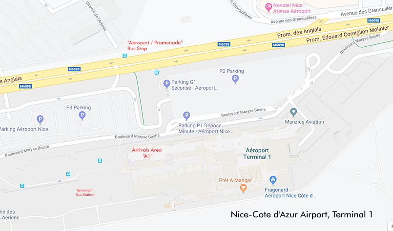 Map of Nice airport, showing the location of the bus stop.